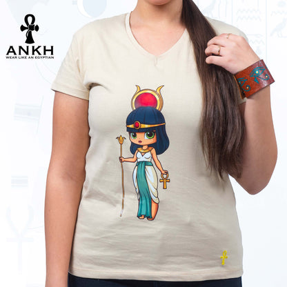 Elegant woman wearing Ankh’s exclusive T-shirt adorned with a vibrant print featuring iconic Egyptian Goddess Queen ‘Isis’, crafted from luxurious 100% Egyptian Cotton