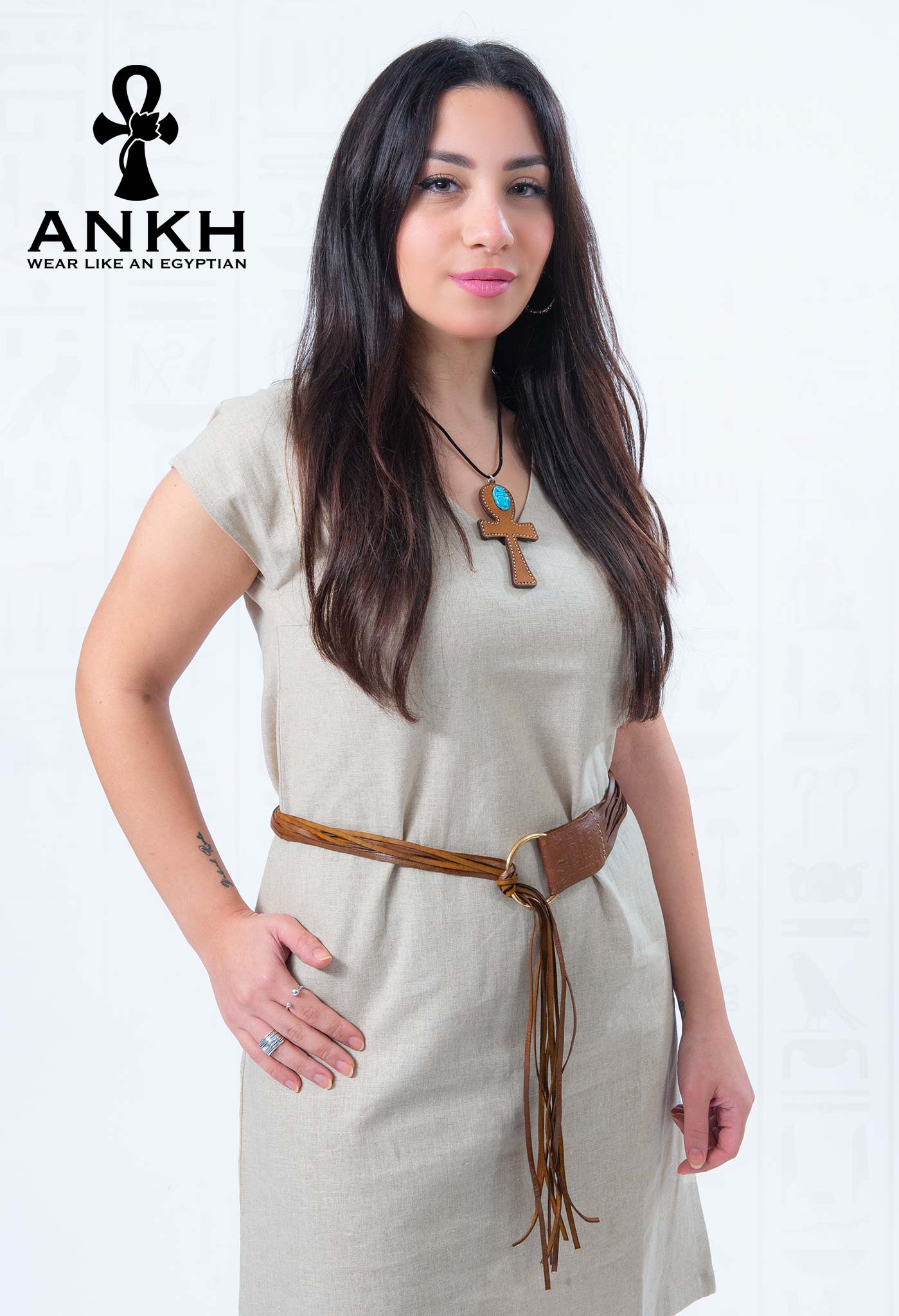 ANKH’s exclusive dress, intricately designed for the modern Egyptian culture enthusiast. Adorned with a unique, upper-class necklace, this piece is a must-have for tourists seeking an authentic Egyptian aesthetic