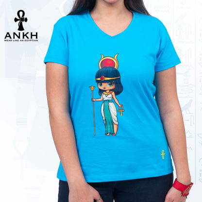 Elegant woman wearing Ankh’s exclusive T-shirt adorned with a vibrant print featuring iconic Egyptian Goddess Queen ‘Isis’, crafted from luxurious 100% Egyptian Cotton