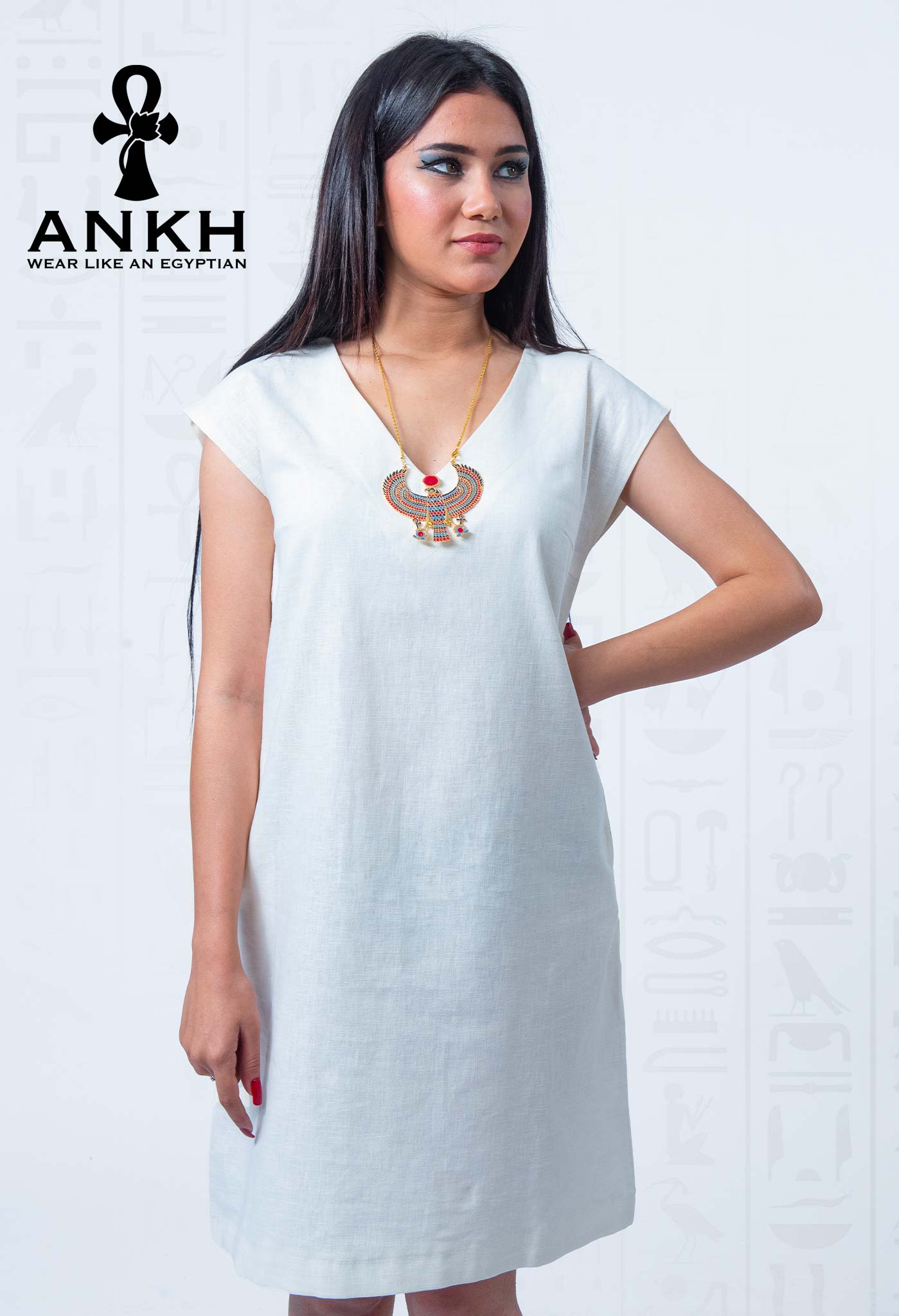 ANKH’s exclusive dress, intricately designed for the modern Egyptian culture enthusiast. Adorned with a unique, upper-class necklace, this piece is a must-have for tourists seeking an authentic Egyptian aesthetic