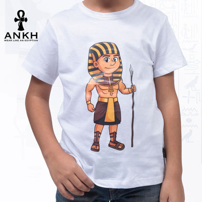 Child wearing a premium white t-shirt adorned with a colorful cartoon depiction of ancient Egyptian King Ahmose, made from luxurious Egyptian Cotton – available exclusively at Ankh