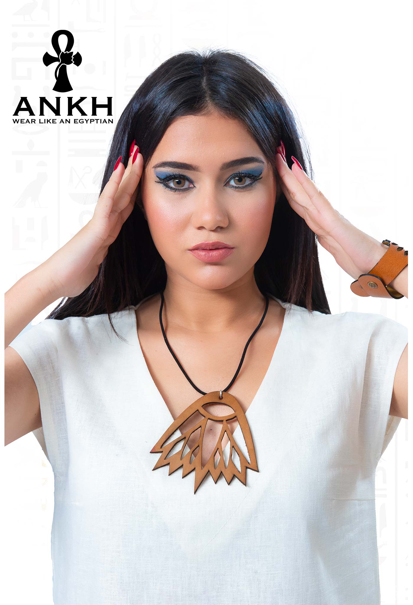 ANKH’s exclusive dress, intricately designed for the modern Egyptian culture enthusiast. Adorned with a unique, upper-class necklace, this piece is a must-have for tourists seeking an authentic Egyptian aesthetic