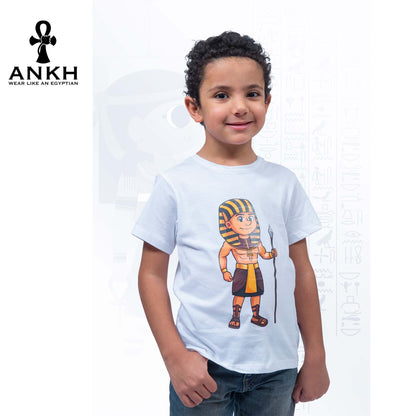 Child wearing a premium white t-shirt adorned with a colorful cartoon depiction of ancient Egyptian King Ahmose, made from luxurious Egyptian Cotton – available exclusively at Ankh