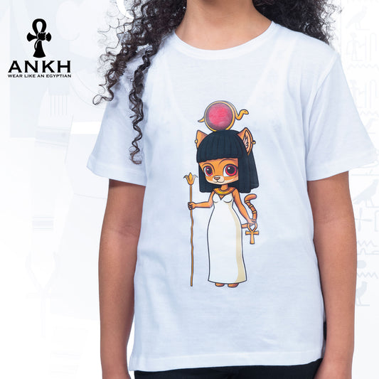 A child wearing Ankh’s t-shirt adorned with ‘Mau’ cat, a cartoony Egyptian cat character printed on premium quality 100% Egyptian cotton - perfect attire reflecting ancient Egyptian culture